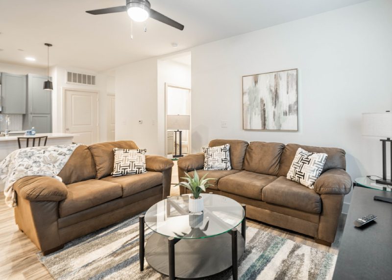 Stylish apartment living room with brown sofas, modern décor, and open layout leading to kitchen and bedroom.